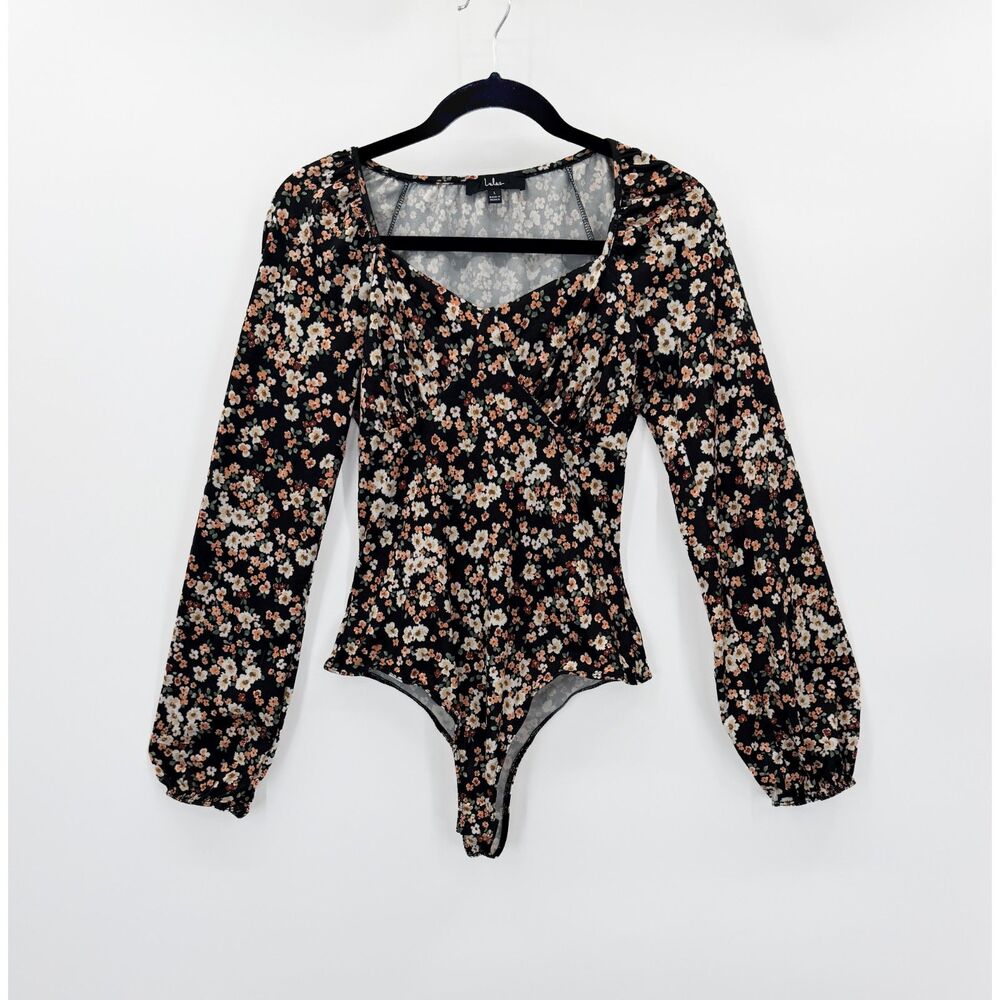 Lulus Floral Long Sleeve Bodysuit L Black Cottagecore Boho Puff Sleeve